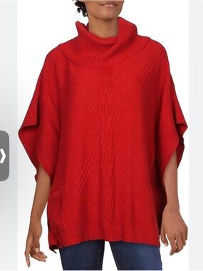 Anne Klein Red Cable-Knit Poncho Sweater S/M Cowl Neck Short Sleeve Women